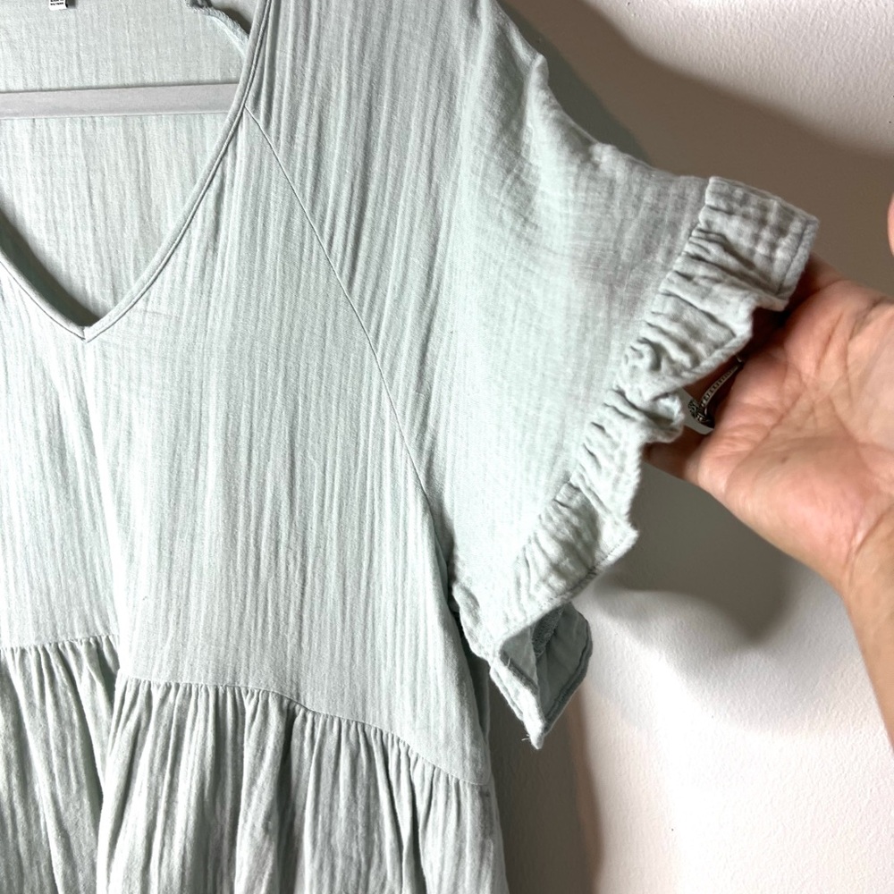 Madewell Mini Dress Ruffle Sleeves Pockets Cotton Glassware Blue SZ L EUC - Picture 4 of 9